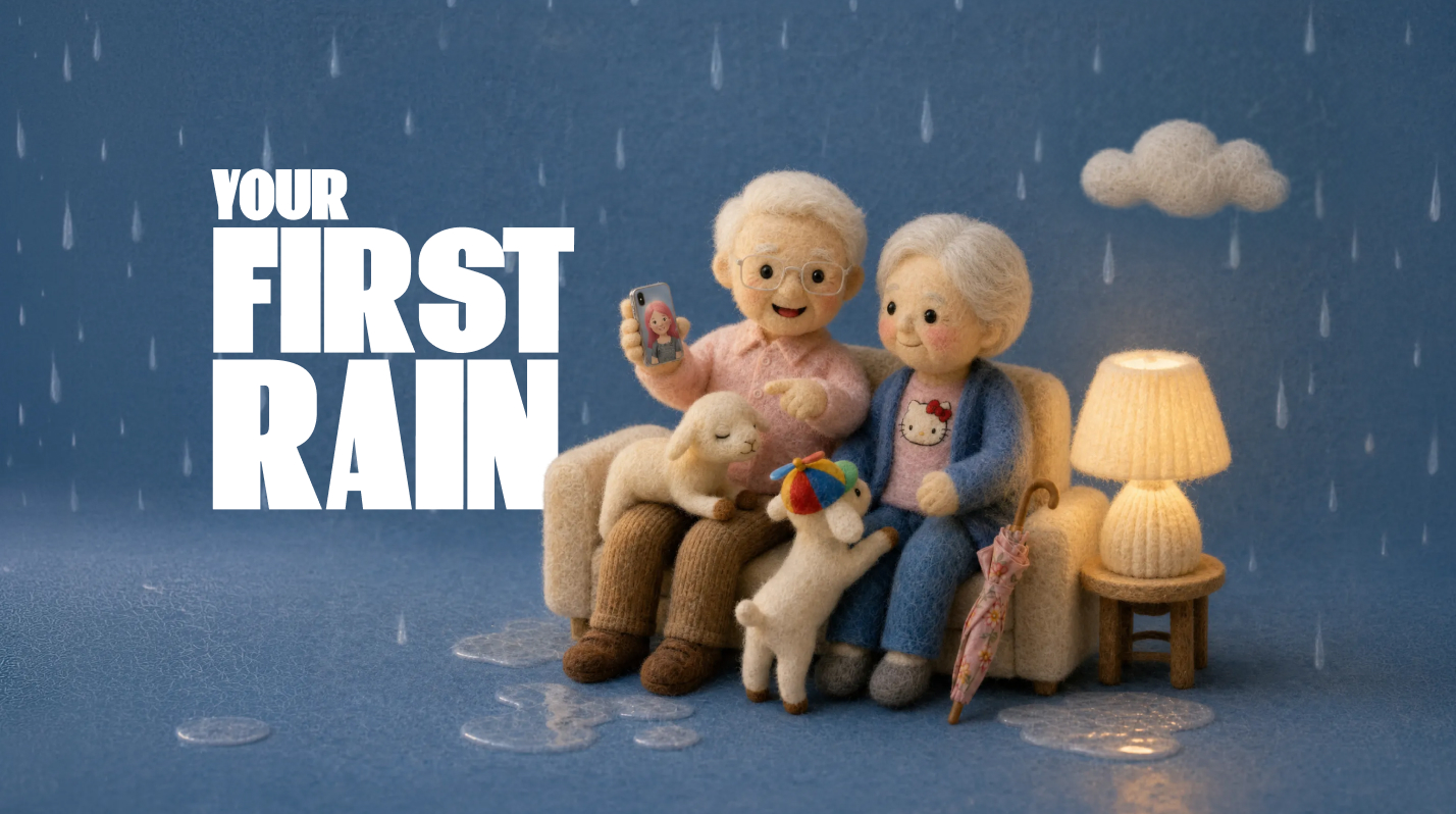 Your First Rain — a needle-felted grandmother, grandfather and lamb on a bench in the rain
