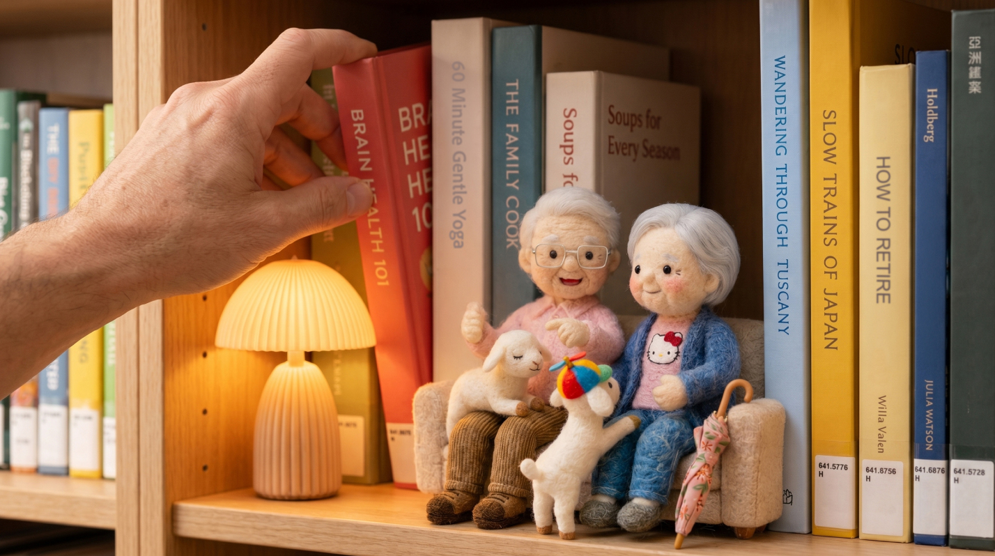 The felted characters tucked between books on a shelf