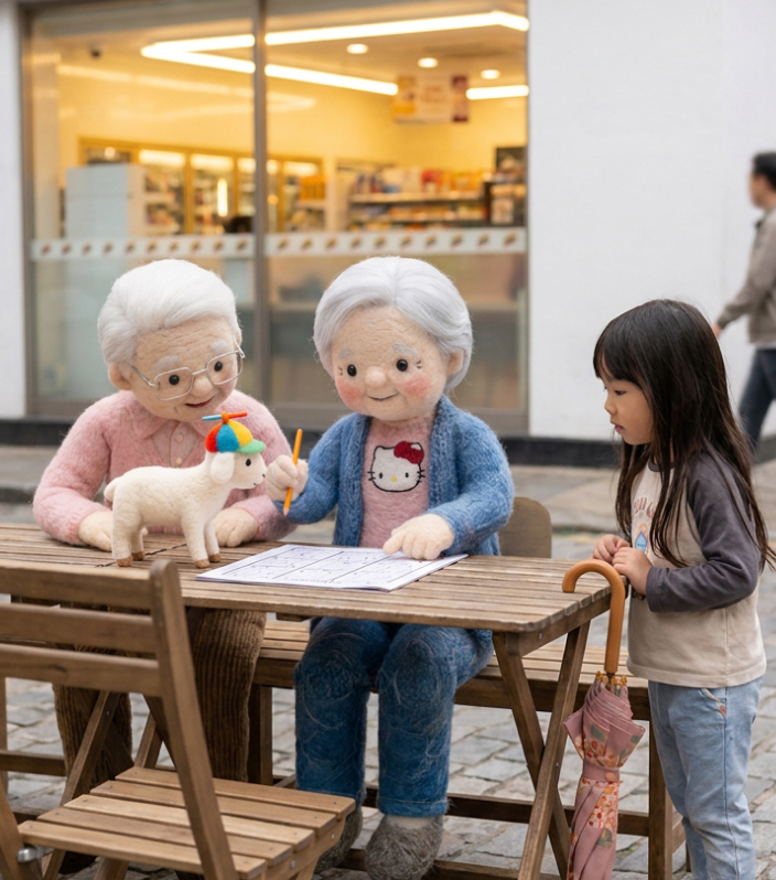 A child sits with the felted grandparents at a table