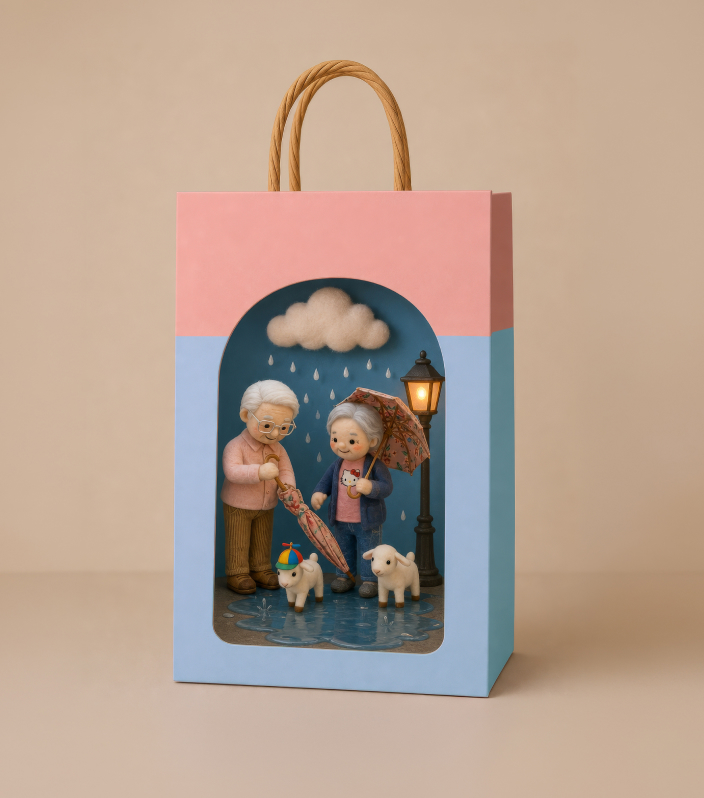 The campaign shopping bag with a window diorama of the characters